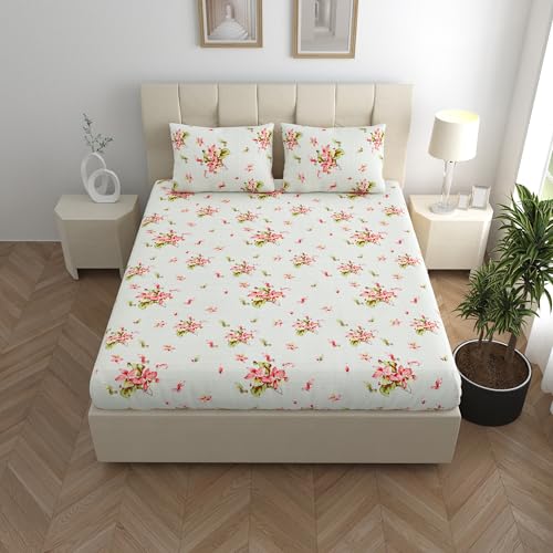 Image of LINENWALAS 100% Cotton Fitted Bed Sheet for Single Size Bed, Printed All Around Elastic Bedsheet (36 x 78 Inches) with 1 Pillow Covers | 210 TC Soft, Breathable, Luxury Bedsheet (Coral Garden)