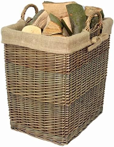 Home-ever Antique Wash Willow Wicker Rectangular Log Basket with Lining HE14