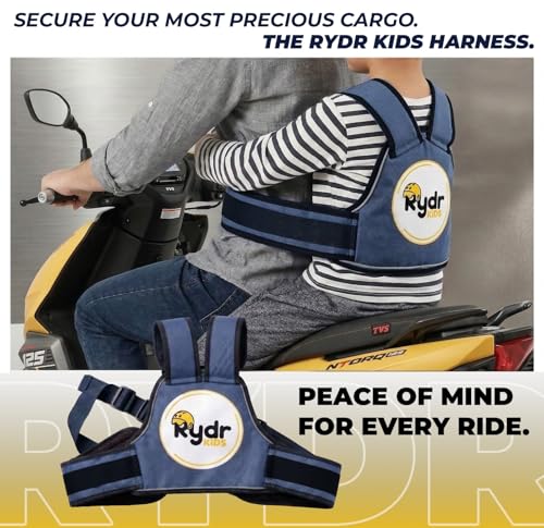 Image of RYDR Regular Motorcycle Safety Harness for Kids (2-12 Years) Adjustable Two-Wheeler Safety Belt for Child Rider with Reflective Strip, Sleek Back Support (Blue, Without Pocket)