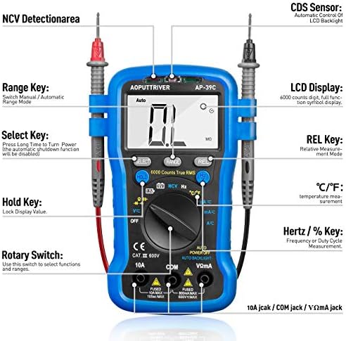Digital Multimeter AP-39C Auto Ranging 6000 Counts TRMS Multimeter for AC DC Voltage, Current, Resistance, Capacitance Tester with Temp Battery LED Test Auto Backlit