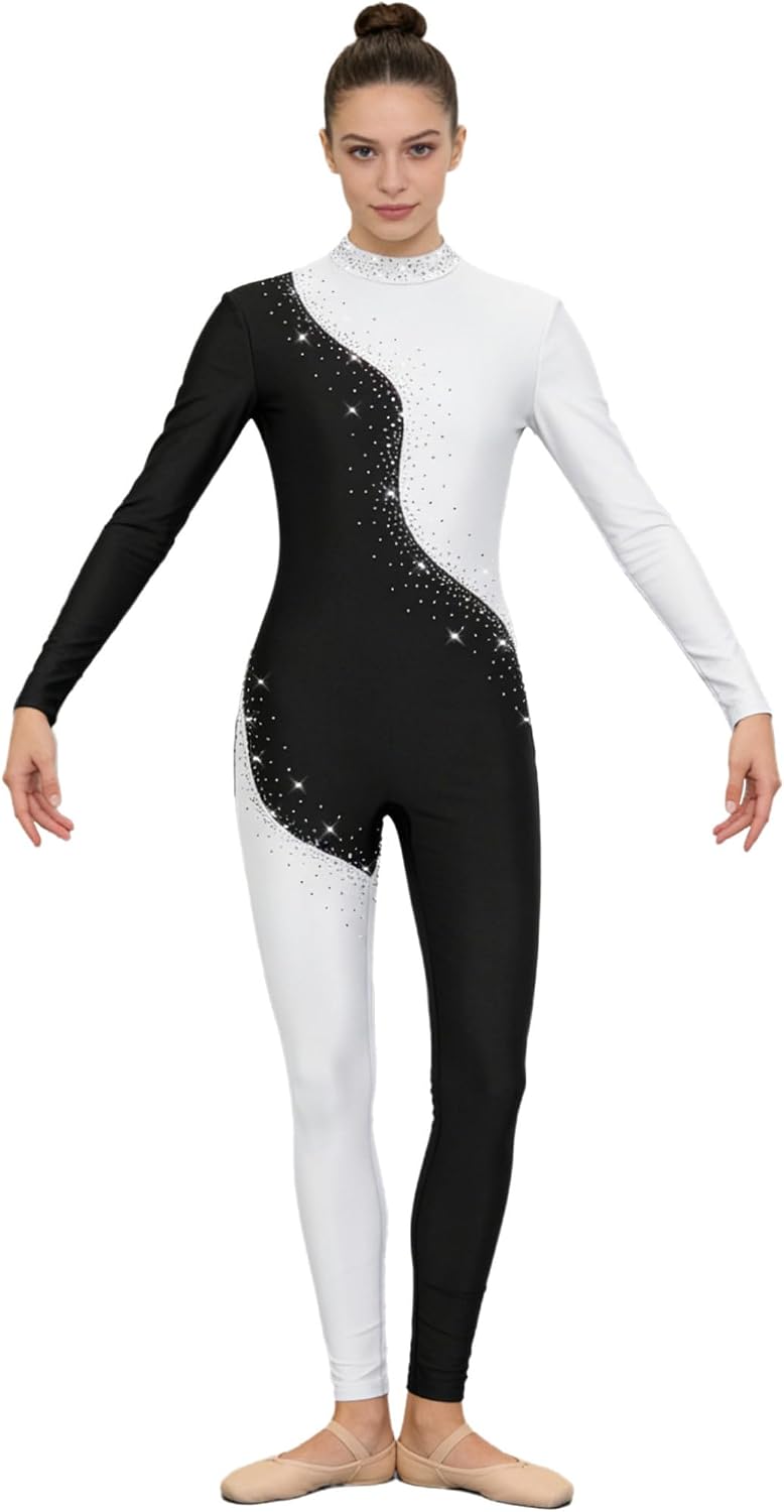 FEESHOW Women's Color Block Gymnastics Leotard Long Sleeve Shiny Rhinestone Figure Skating Jumpsuit Romper
