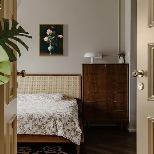 crmotu Vintage Framed Wall Art, Classical Vase Roses Canvas Painting, Still Life Floral Botanical Prints, Flower Dark Academia Pictures Wall Decor Living Room Bedroom Desktop Kitchen Artwork 12x16in