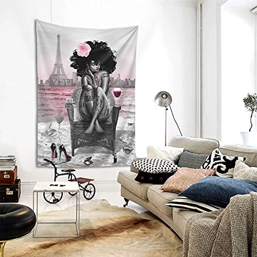 African American Black Girl Tapestry Wall Hanging Grey Pink Fashion Black Woman On The Beach And Eiffel Tower Tapestries Wall Art For Bathroom Decor Hippie Bedroom Living Room Dorm Wall Decor 40"X60" #TOP1