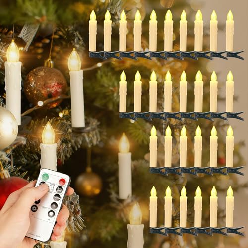 Candele per albero di Natale, senza fiamma, a LED, con funzione timer e telecomando, a batteria, confezione da 30 candele LED, quattro modalità, candele per decorazioni natalizie per albero di Natale