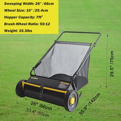 EAGWON Push Lawn Sweeper, 26-Inch Width, 7 Cu. Ft. Hopper Capacity, 4 Spinning Brushes, Adjustable Height, Durable Steel Frame with Rubber Wheels,Yellow&Black - Image 3