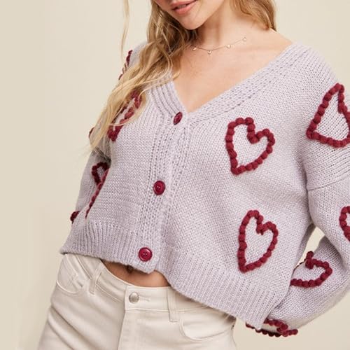 Image of Valentine's Day Cardigan Sweaters for Women Love Heart Print Button Down Cropped Cardigans Y2K Open Front Knit Sweater