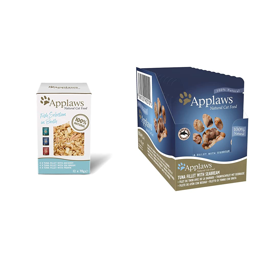 Applaws 100% Natural Wet Cat Food, Fish Selection in Broth Pouch, 12 x 70 g Pouches & Wet Cat Food, Tuna Fillet with Seabream in Broth Pouch, 12 x 70g