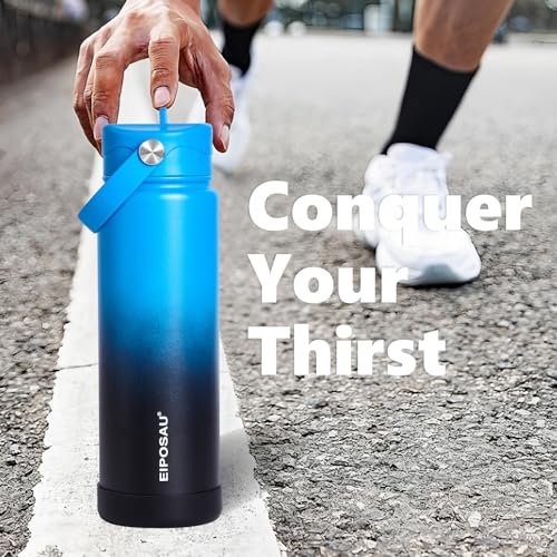 Insulated Water Bottle with Lid & Boot & Stickers, 24 oz Stainless Steel Sweat Free Bottle Keep Cold 24H, BPA-Free Sports Wide Mouth Water Bottle, BlueBlack