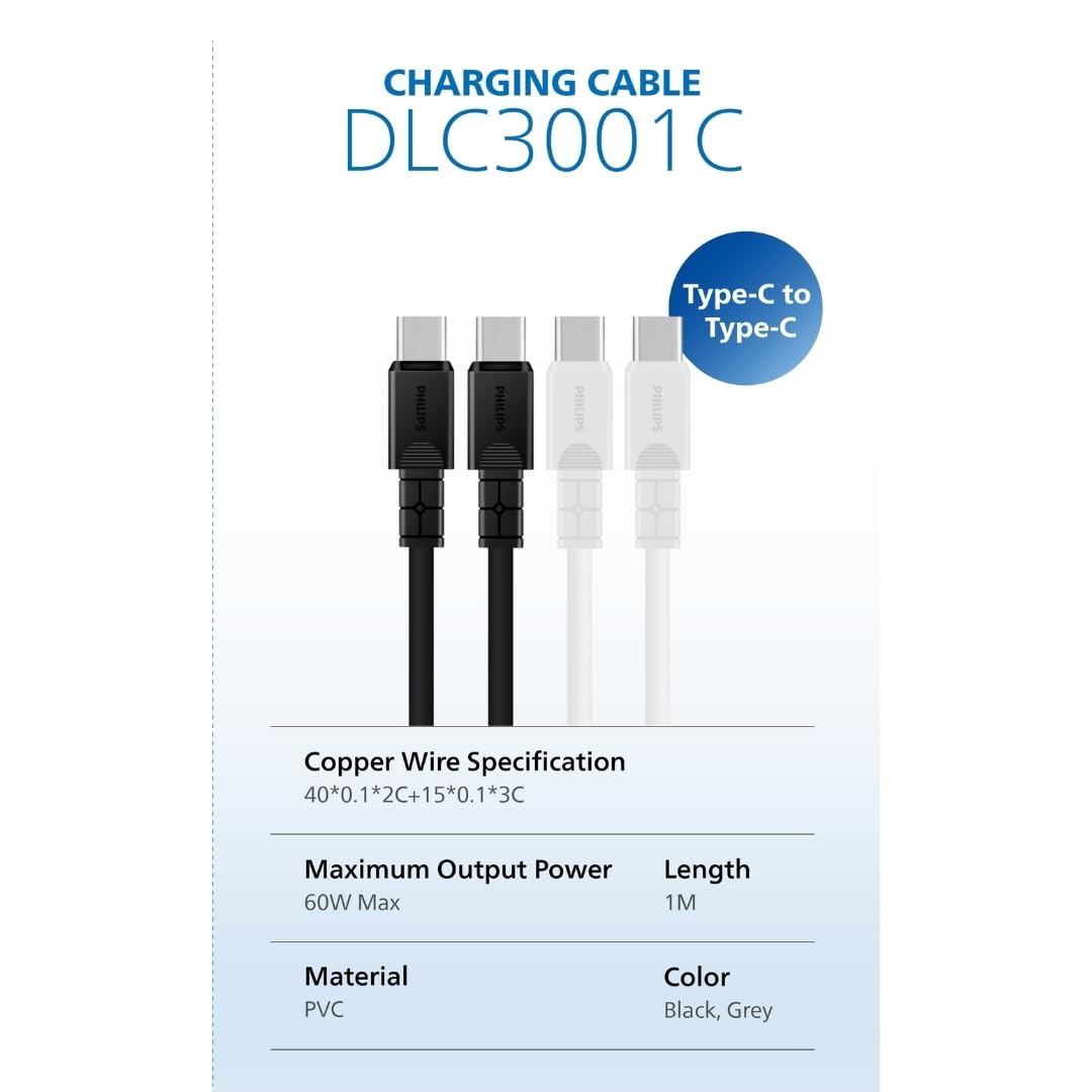 PHILIPS DLC3001 USB-C Şarj ve Data Kablosu, 60W, Hızlı Şarj, 3A Yüksek Akım, 1 Metre, Dayanıklı Slikon Kablo (Siyah)