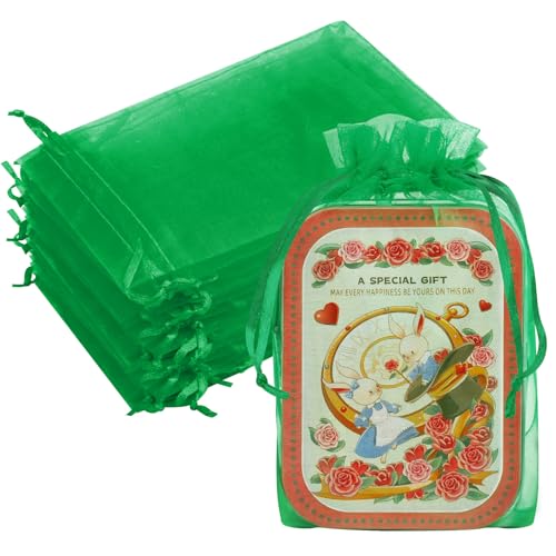 Image of 50PCS Organza Bags 6x9 Green Large Mesh Gift Bags Drawstring Pouches for Goodie Candy Jewelry Sachet Treats Mother's Day Favors Wedding Birthday Party Favors, Mini Gifts Wrapping
