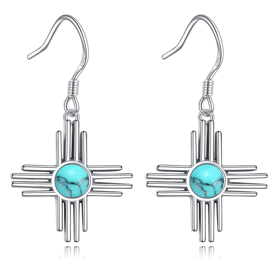 TIGER RIDER Zia Sun Symbol 925 Sterling Silver Moonstone/Turquoise/Rose Gold Wolf Earrings New Mexico Dangling Jewelry Earrings for Women Mother’s Day Gifts