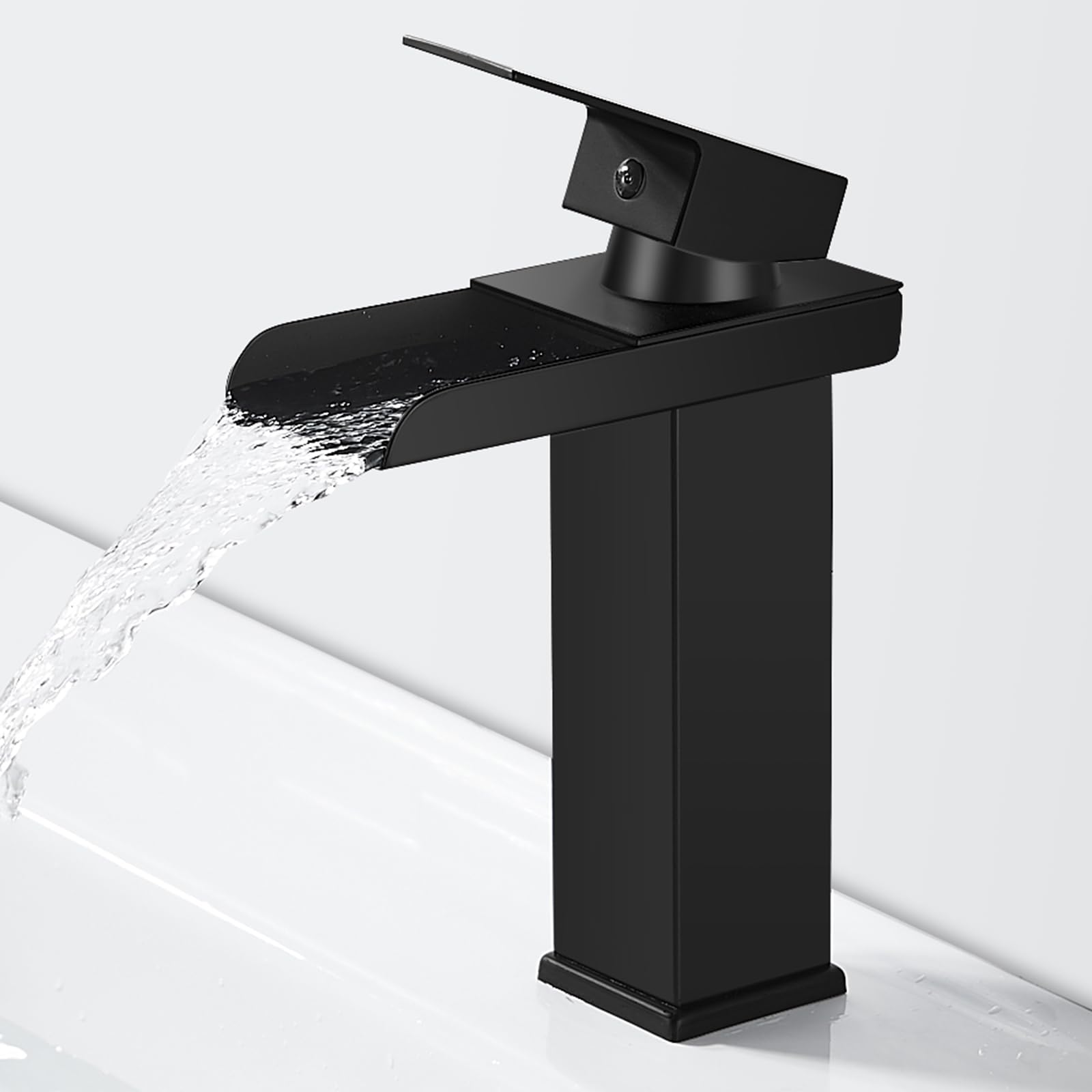 Robinet Salle de Bain Cascade Noir, Mitigeur Lavabo Cascade, Robinet Lavabo avec Bec Hauteur 140mm, Mitigeur Salle de Bain en Laiton, Robinetterie Eau Chaude et Froide Disponible, G 3/8
