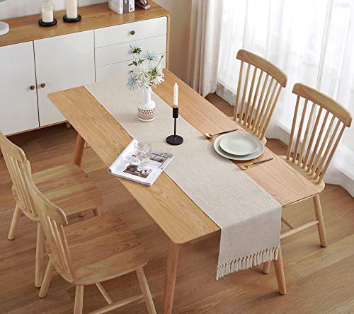 Wracra Braided Cotton Linen Table Runner Farmhouse Burlap Table Runner, Jute Rustic Table Decor Holiday Parties and Everyday Use (Waffle, 13 × 90 Inch)