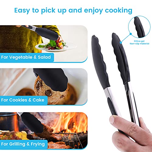 Kitchen Tongs - 9 Inch Kitchen Utensil Cooking Tongs with Padlock System - Easy Grip Food Grade Silicone Tongs for Meat, BBQ, Frying and Serving (9 inch, Black) - Image 4