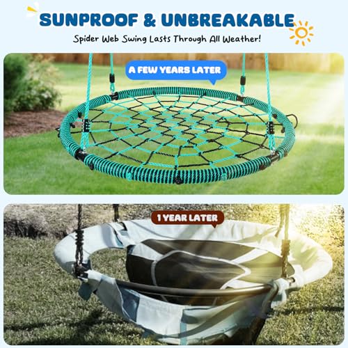 Image of Trekassy 750lbs 40 inch Spider Web Saucer Tree Swing for Kids Adults, Outdoor Net Swing with Steel Frame and 2 Hanging Straps-Green+Black (Patented)