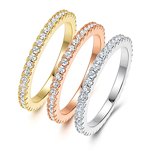 MDFUN Tri-Color Gold Plated Cubic Zirconia Band Stackable Promise Ring 3 PCS Set