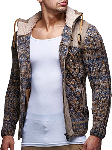 Leif Nelson LN20525 Men's Knit Zip-up Jacket with Geometric Patterns and Leather Accents, Size US XXL, Brown2