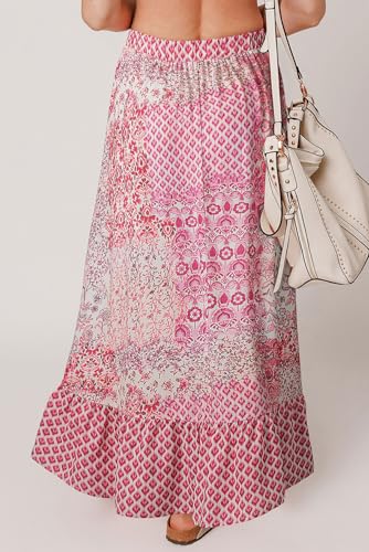 CHARTOU Women Boho Floral Print Patchwork Skirt Flowy Maxi Long Beach Vacation Skirt2