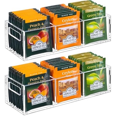 BEYGORM 2 Pack Tea Bag Organizer for Tea Bags, Small Acrylic Teabag Holder Organizer, Clear Tea Caddy for Tea Bags Organizer, Tea Bag Storage Station,Tea Bar Accessories for Countertop Drawer Cover