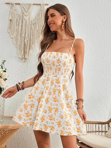 Image of Floerns Women's Boho Floral Print Sleeveless Sundress Ruched Bust Flare Hem Vacation Cami Short Dress