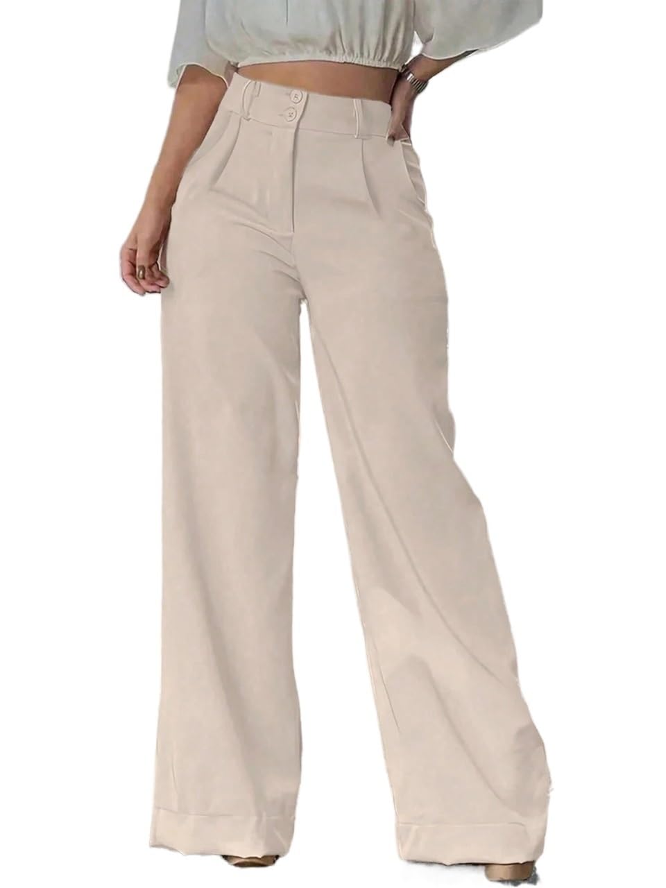 Womens Fall Solid Color Pleated Wide Leg Loose Casual Work Pants Trousers