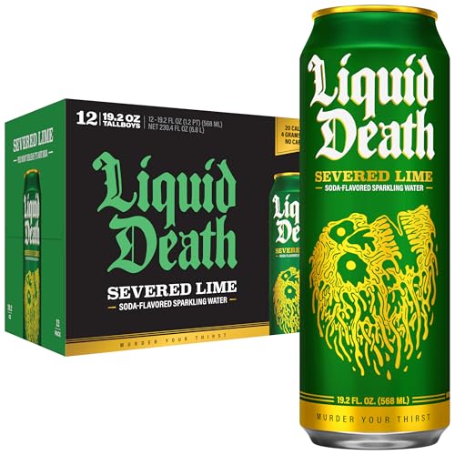 Image of Liquid Death Soda-Flavored Sparkling Water - Severed Lime (Classic Lime Soda), Less Sugar*, Huge Flavor, No Artificial Sweeteners, King Size 19.2 Fl Oz (Pack of 12)