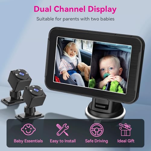 Image of Baby Car Camera for 2 Kids 1080P Split-Screen Monitor Dual Cam Rear-Facing Cameras IR Night Vision 360 Rotatable Backseat Screen, Car Seat Mirror Alternative (2 Cameras with 5'' monirtor)