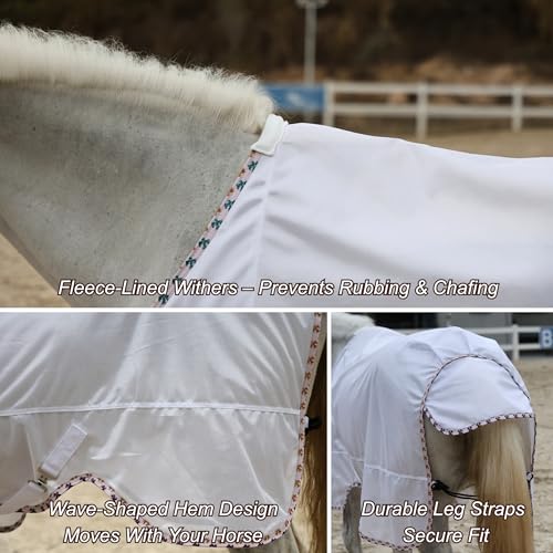 Image of BARN & STABLE Breathable and UV Protective Tear-Resistant Mesh Horse Fly Sheet Comfy Equine Summer Sheet with Removable Web Leg Straps (White - Curvy Fit, 72 in)