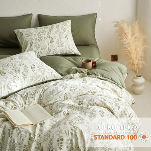 Image of Floral Duvet Cover Queen Size Reversible Olive Green Botanical Flower Bedding Set 3 Pieces Vintage Aesthetic Soft Lightweight Comforter Cover Set for Women Girls with 2 Pillowcases