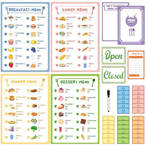 Pretend Play Restaurant Menus Notepads Set for Kids Included Kitchen Food Pretend Menus Open/Close Sign Play Money Erasable Pen for Toddlers Role Plays Game Accessories Birthday Gifts Supplies