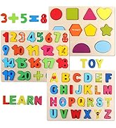 QZMTOY Wooden Puzzles for Toddlers, Wooden Alphabet Number Shape Puzzles Toddler Learning Puzzle ...