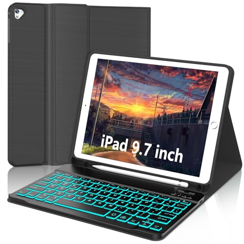 for iPad 9.7 inch case with Keyboard, iPad 6th Gen (2018), 5th Gen (2017), Air 2,1 (2014), 7 Color Backlit, Detachable Wireless Bluetooth Keyboard, Slim & Light Folio Cover with Pencil Holder,Black