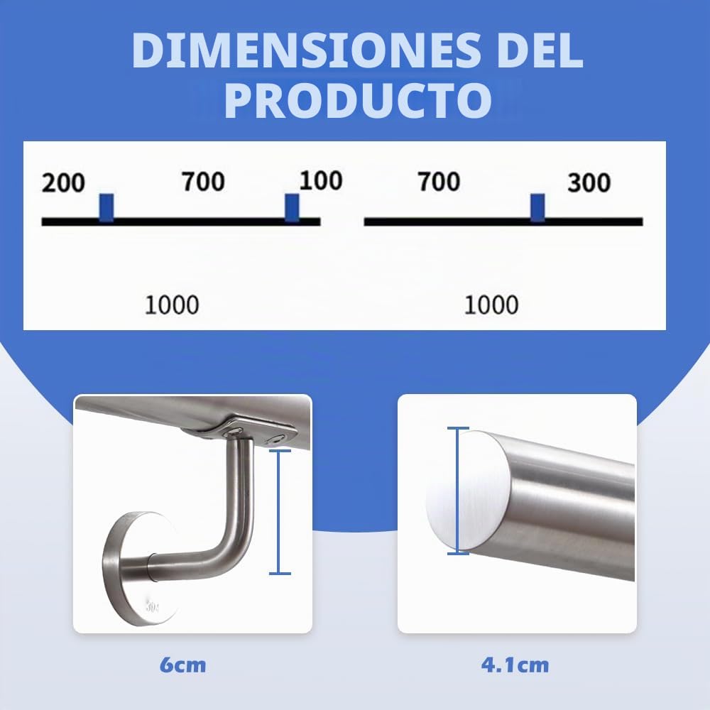 Pasamanos de Acero Inoxidable Magtctyae 200 cm Barandilla para Escalera Exterior Interior Escaleras con Soporte de Pared y Tapas Finales, Plata