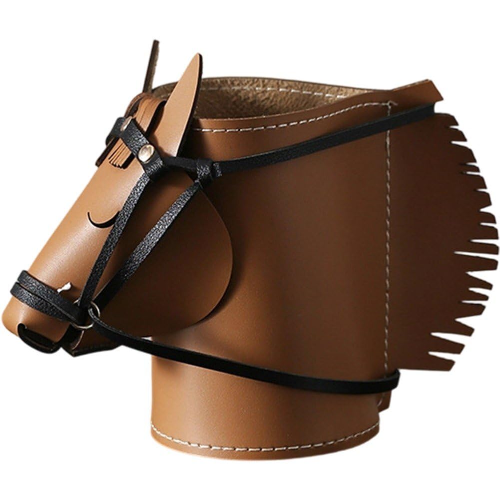 Sslvya Horse Head Shaped Pen Holder Leather Desktop Pencil Pot for Pen Markers Makeup Brushes Remote Control Organizer