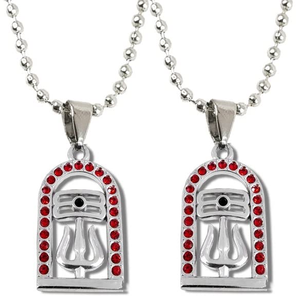 (Set Of 2 Pcs) Diamond Nug Engraved/Studded God Temple Lord Mahadev Shankar Bolenath Mahakaal Shiva Shankara Trishul Pendant Locket Necklace