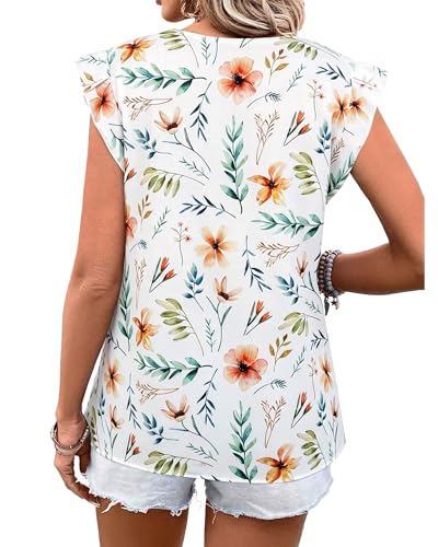 IEEILULU Flutter Sleeve Tops for Women Casual V Neck Floral Print Blouse Summer Sleeveless Ruffle Tunic Shirts White 1 XL — view 6
