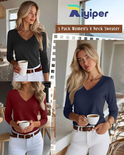 Riyiper 3 Pack Women's V Neck Sweater, Long Sleeve Lightweight Tops Casual Solid Color Pullover Loose Knit Classic Sweaters2