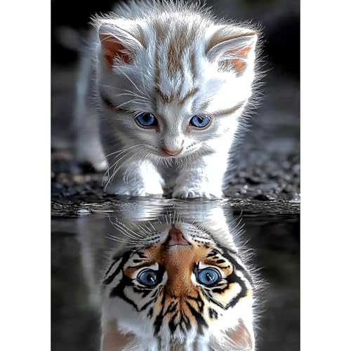 DAERLE Pittura Diamante 5D Fai da Te, Tigre Riflesso di Gattino, Kit Completo con Strass, Ricamo con Diamanti, Decorazione da Parete, Regalo Creativo per Adult 30x40cm, Gatto e Tigre