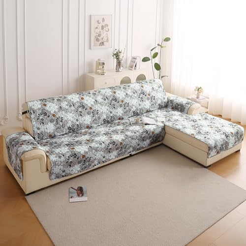 Image of HOKIPO 'Elira Series' Printed Quilted One-Piece L Shape 4 Seater (2+2) Sofa Cover with Right Chaise | Anti-Slip Design, Feather Brown Floral (AR-6228-C1)