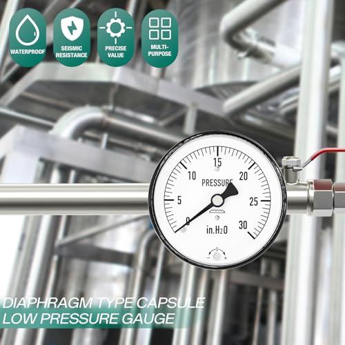 Image of 0-30 in H2O Diaphragm Type Capsule Low Pressure Gauge 2-1 /3 inch Dial Size, 1 /4 inch NPT Back Mount, Adjustable Water Column Gauge, for Pressure Testing with Air, Gas, Water, and Other Liquids