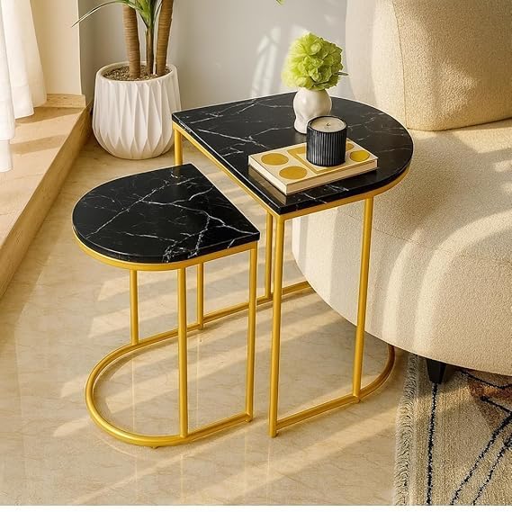 Iron Frame Metal Side Table with Premium Wooden Top End Table | Modern Accent Table for Table for Living Room, Bedroom & Balcony Office (Golden Black)