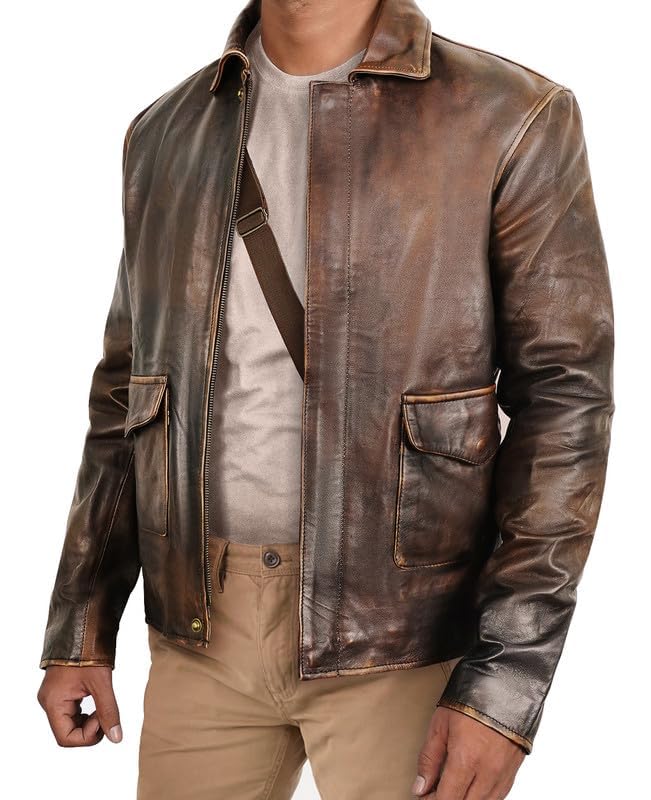 Mens Distressed Brown Leather Bomber Jacket - Vintage Classic Genuine Leather Coat for Men2