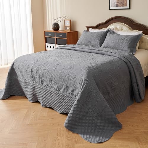 Image of EVENHUG Oversized King Bedspreads California King Quilt Set with Pillow Shams Extra Wide Large King Size Quilts Lightweight Coverlet Bedding Sets Light Grey 120 inchx128 inch