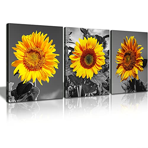 KAWAHONE Sunflower Decor Wall Art, Black and White Pastoral Scenery Flowers Artworks Poster Framed, Canvas Painting Printing Picture for Home Bedroom Bathroom,12" x 16" x 3 PCS