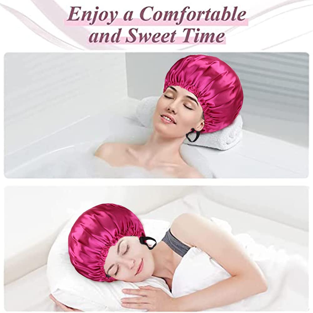 2pcs Cappello da Notte Raso, Cuffia Seta Capelli Ricci Cuffia da Bagno Cuffia Doccia Donna Doppio Strato Cuffia Capelli Notte per la Doccia, il Sonno, il Trucco(Nero, Porpora