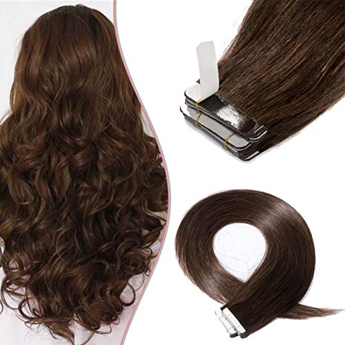 S-noilite 16 inch Natural Layered Tape in Hair Extensions Human Hair Double Sided Seamless Skin Weft Long Straight Tape in Human Hair Highlights Two Tone 60g 40pcs #2 Dark Brown