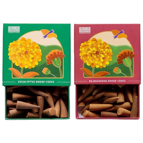 Image of Natural Incense Fragrance Eucalyptus and Rajnigandha Dhoop Cones with Holder (80 pcs) | Havan for Pooja, Home & Festivals I Natural Guggal /Loban Original |Pack of 2 (40 Cones /Pack)