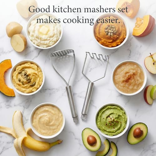 18/0 Stainless Steel Potato Mashers, 10.7-in Kitchen Masher Tool for Avocado Vegetable Sauce Butter, Heavy Duty, Dishwasher Safe, Pack of 2 by MUJINON - Image 2