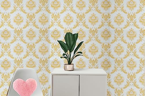 Image of Damask Design Wallpaper | Elegant and Timeless Wall Decor with Textured Finish | Peel-and-Stick and Traditional Options for Living Rooms, Offices, and Accent Walls (White Gold-200 x 45 cm - 9 sqft)