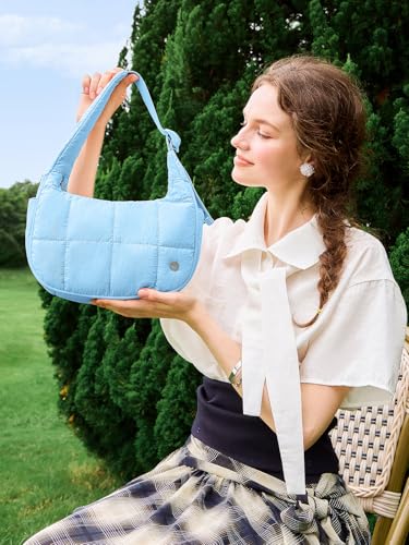 Image of WESTBRONCO Small Puffer Crescent Shoulder Bag for Women, Nylon Quilted Shoulder Purses, Puffy Handbags with Adjustable Strap